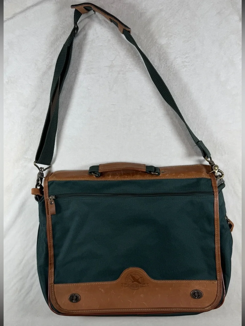 Eddie Bauer Dark Green Canvas Meather Messenger Laptop Bag Brown Leather Trim